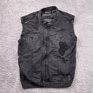 Ring of Fire Y2K Grunge Mens Washed Black Distressed Denim Biker Vest XLG